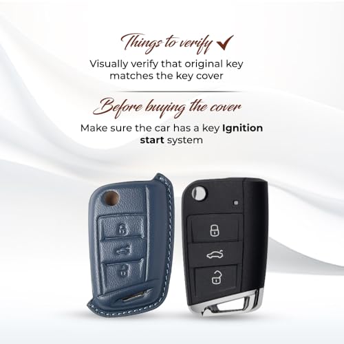 Image of Keyzone Royal Leather Key Cover for Virtus, Kylaq, Slavia, Kodiaq, Kushaq, Taigun, Tiguan, Octavia, Jetta, Superb, Karoq, T-ROC flip Key (Celestial Blue)