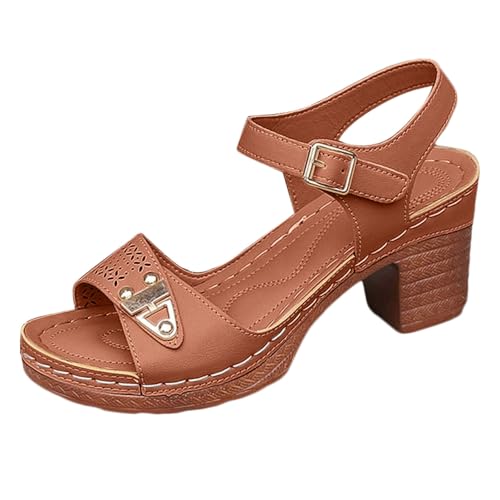 Sandalias de tacón de moda para mujer, tacón de bloque de verano, plataforma 2025, primavera, casual, talla grande, primavera 2025, cómodas y bonitas, Y2K, Brown, 39.5 EU