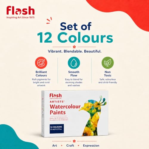 Image of Flash Water Colours For Painting-Painting Kit for Kids Artists Professionals Hobby Painters-Matt Finish Rich Pigments Non Toxic Watercolor Set-15 ml each (Set of 12)