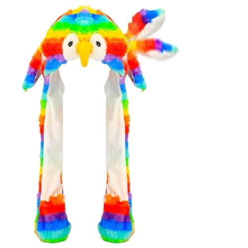 Bubblepompom Parrot Parrot Hat with Ears Moving Jumping Pop Up Beating Hat Plush Farm Animal Holiday Cosplay Dress Up Funny Gift for Kids Boys Girls Rainbow 22