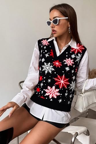 Image of JULYCLO Christmas Sweater Vest Women Ugly Xmas Reindeer Knit Sweaters Casual Santa Snowflake V Neck Sleeveless Outwear Tops