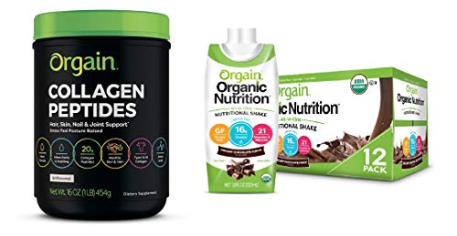 Orgain Grass Fed Hydrolyzed Collagen Peptides Protein Powder & Organic Nutritional Shake, Creamy Chocolate Fudge - Meal Replacement, 16g Protein, 21 Vitamins & Minerals, 11 Ounce, 12 Count