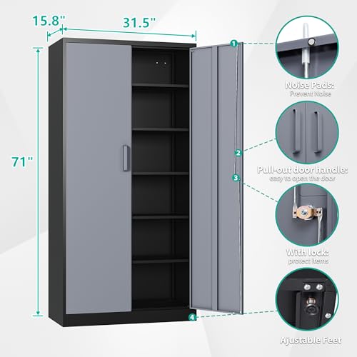 Image of SISESOL Metal Storage Cabinet with 5 Adjustable Shelves,Garage Storage Cabinet with Lock,Metal Cabinets with Locking Doors,71 inch Lockable Tool Cabinets for Home,Office,Shop,Garage