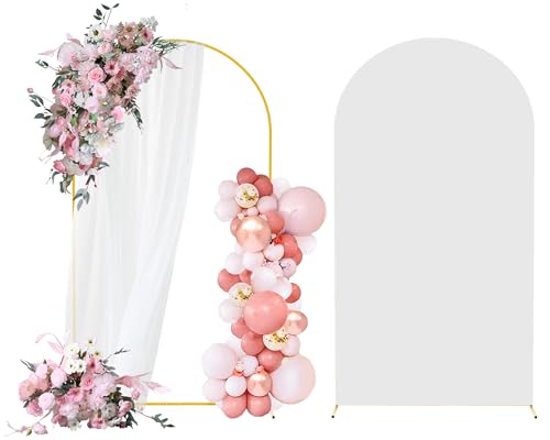 Rtshuok 6FT Arch Backdrop Stand and Arch Cover Set, Gold Metal Arch Stand Backdrop with White Arch Stand Cover Ideal for Weddings, Birthday Parties, Baby Showers, Celebration Decorations