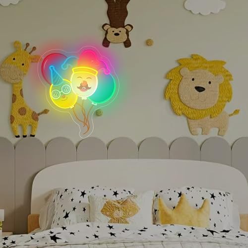 Image of Colorful Balloon Neon Sign, Balloon With Clown Neon Lights for Birthday Party Decorations, USB Powered LED Light Up Signs for Bedroom, Kids Room, Gift for Christmas