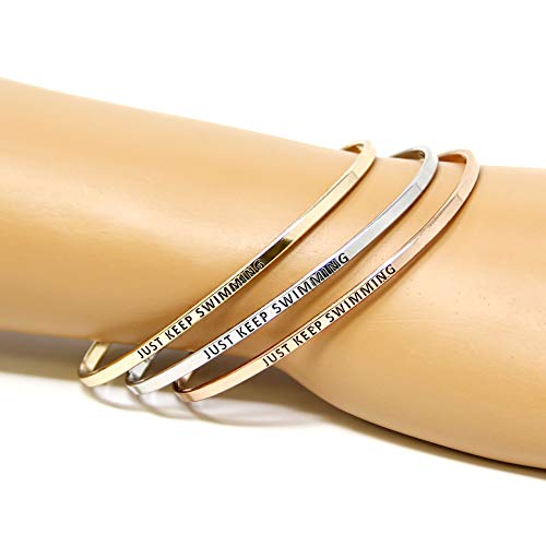 Me Plus Inspirational Bracelets For Personalized Gifts Positive Message Engraved Thin Bangle Hook Bracelet (Just Keep Swimming - Silver) #TOP5