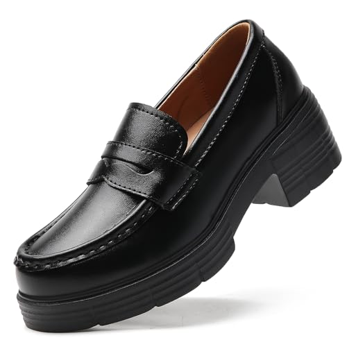 Image of TKKAE Loafers for Women Platform Chunky Loafers Penny Comfortable Loafers, Womens Business Shoes, Office Work Shoes for Ladies, Slip-On Shoes for Travel Commute Dating, Match Dresses Jeans, Black 9