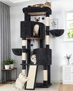 Globlazer Kratzbaum XL Hoch 177cm mit 2 Großer Katzenhaus, Kratzrampe Sisal, Gepolsterte Plattform, 2 Weich Korb, Katzenbaum Stabil für Große Katze Ausruhen Spielen Kratzen Innen (S69B, Dunkelgrau)