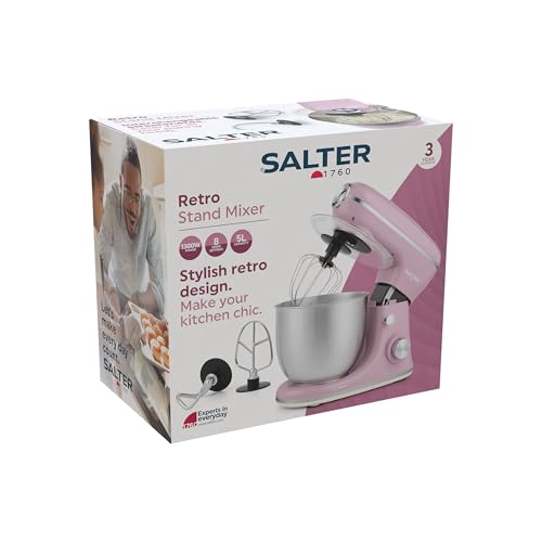 Salter Retro Stand Mixer – 5L Electric Food Kitchen Mixer, Stainless Steel Removable Mixing Bowl, Accessories Included, Dough Hook, Wire Whisk, Beater, 8 Speed Settings & Pulse Function, 1300W, Pink - Image 3
