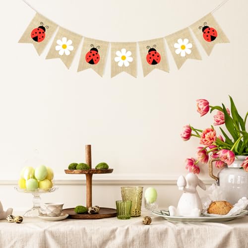 Image of Daisy Ladybug Banner Burlap Garland Ladybug Party Decorations | Ladybug Baby Shower Birthday Party Decorations, Insect Theme Garden Party Supplies, Home Wall Classroom Hanging Decor