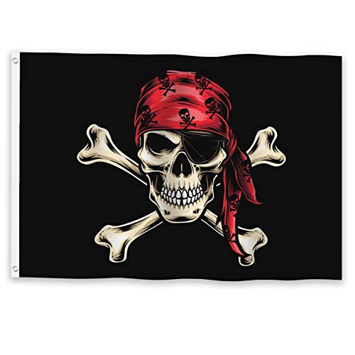 YongFoto Pirate Flag 1x1.5ft Red Scarf Jolly Roger Creepy Skull Crossbones Skeleton Flags Banner for Outdoors Home Garden Porch Halloween Party Decor with 2 Sturdy Grommets Precision Machine Stitched