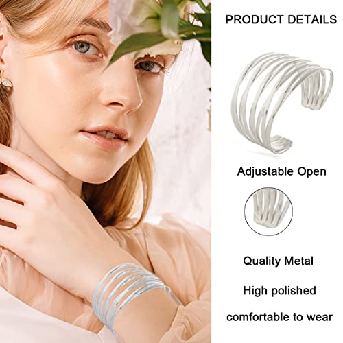 Finzor 8 Pcs Cuff Bangle Bracelet For Women Open Wide Wire Bracelets Gold Wrist Cuff Wrap Bracelet(Silver) #TOP2