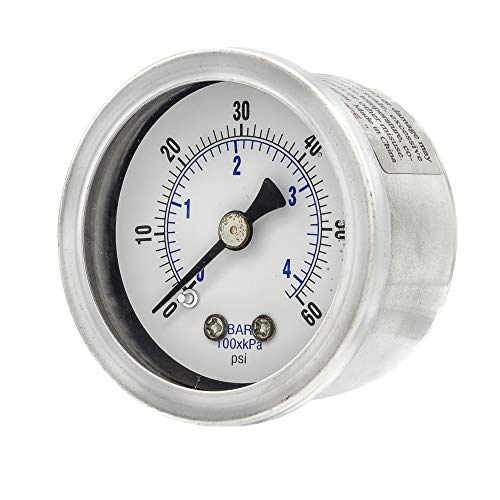 Pic Gauge 202L-158D 1.5" Dial, 0/60 Psi Range, 1/8" Male Npt Connection Size, Center Back Mount Glycerine Filled Pressure Gauge With A Stainless Steel Case, Brass Internals, Stainless Steel Bezel, And Polycarbonate Lens #TOP3