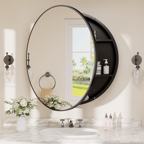 Image of TETOTE Bathroom Mirror Cabinet 28 x 28 Black Round Bathroom Medicine Cabinet with Adjustable Shelves Farmhouse Wall Mirror with Storage Surface Mounted