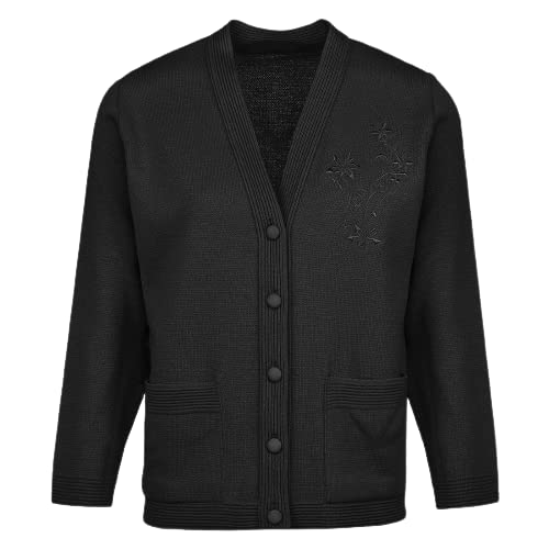Image of Pretty Attitude Senior Womens Classic Cardigan Embroidery Long Sleeve Pockets Elderly Ladies (Black Embroidery Cardi, XXL)