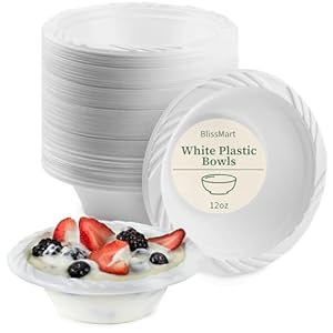 Reusable White Plastic Bowls 12oz 50 Pack Washable and Reusable Tableware Plastic Bowl for Dessert Heavy Duty Dinnerware for Parties, Camping, Birthday, Catering, BBQ
