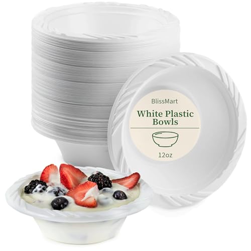 Reusable White Plastic Bowls 12oz 50 Pack Washable and Reusable Tableware Plastic Bowl for Dessert Heavy Duty Dinnerware for Parties, Camping, Birthday, Catering, BBQ