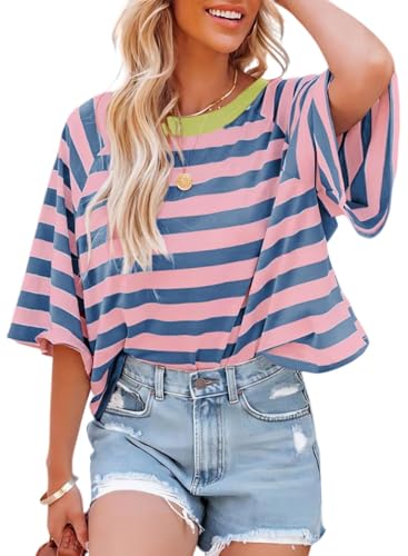 Chicrise T Shirt Damen Sommer Kurzarm Baggy Farbblock Oberteile Gestreiftes Bauchfrei Casual Top Rose Blau X Groß 46-48 Chicrise T Shirt Damen Sommer Kurzarm Baggy Farbblock Oberteile Gestreiftes Bauchfrei Casual Top Rose Blau X Groß 46-48