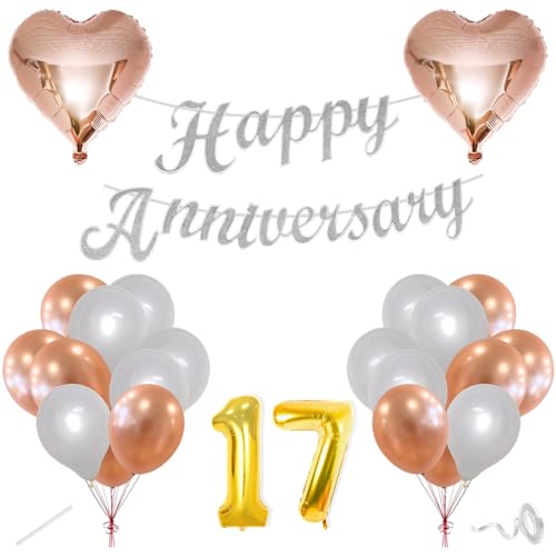 Image of Flyloons 17th Happy Anniversary Decoration Items Rose Gold White for Men Women Husband Wife Mom Dad Parent Couple Home Bedroom Car With 20 Pcs Metallic Balloons Anniversary Banner 2 Pcs Heart Set Kit