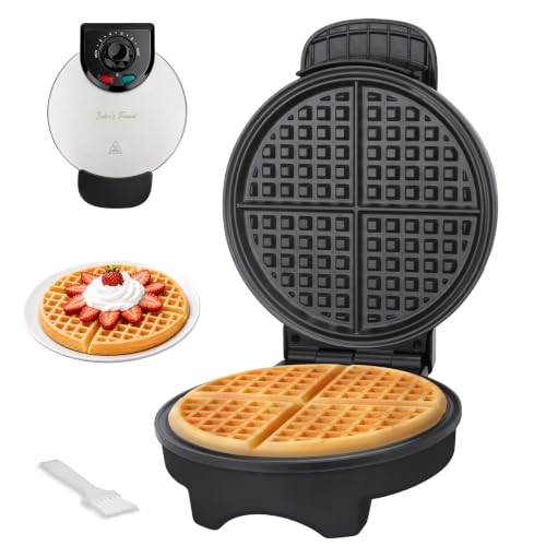 Image of Baker's Friend 7-Inch Classic Waffle Maker, Ceramic, Browning Control, 900W | A thin waffle iron with fine-grid plates for one 7-inch waffle, indicator lights, upright storage, and cleaning brush.