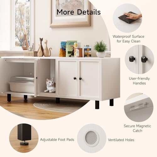 Image of ONBRILL 63 Inches Cat Litter Box Enclosure for 2 Cats, Hidden Litter Boxes Furniture with Cat Scratch Pad, Large Indoor Pet House with Double Room, Wooden TV Stand Side Table, Off White