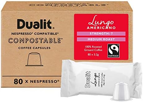 Nespresso Compatible Americano Compostable Capsules By Dualit - 50 Pack - 50 Servings of Eco Friendly, Fairtrade Coffee Pods - 100% Compostable Capsules