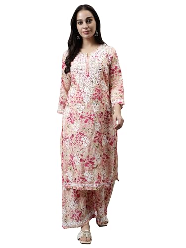 Image of Seva Chikan Hand Embroidered Lucknowi Chikankari Mal Mal Straight Printed Kurta & Palazzo Set for Women SCL8041