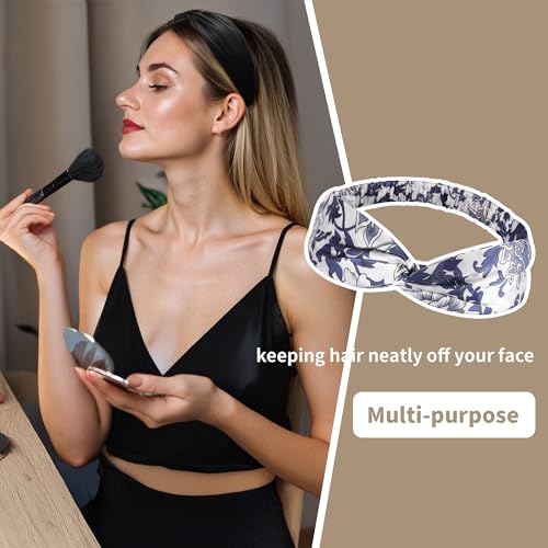 Image of ZLYC Mulberry Silk Headband for Women's Hair, Floral Navy and White | smooth luxury real silk, stretch elastic no slip fit, makeup spa skincare use, travel daily wear,boho fashion hair accessory