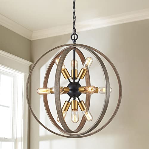 Best Promo Saint Mossi Antique Chandelier Lighting in Brass Finish,Globe Pendant Light with 12 Lights,Rustic Farmhouse Pendant Lighting,H25" x D25" with Adjustable Chain
