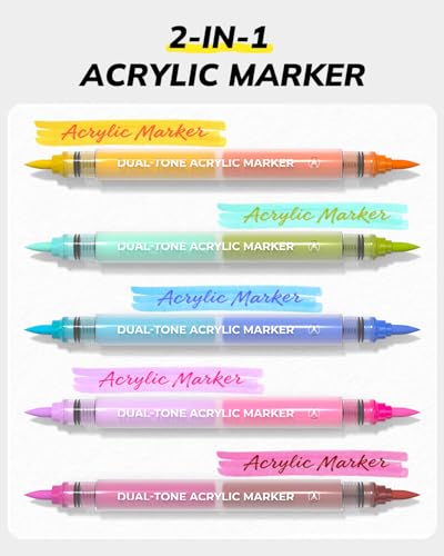 Image of JusArt Acrylic Brush Markers, 72 Colors Brush Tip Acrylic Marker Set, 36 Dual-Tip Water Based No Bleed Markers with Automatic Ink Control for Wood, Rock, Fabric, Canvas, Glass, Eggs & DIY Crafts