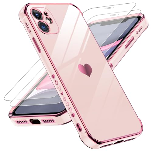 LeYi for iPhone-11 Phone Case: 2 Pack Screen Protector, Wireless Charging, Full Camera Lens Protection, Love Heart Plating Women Cute Luxury Shockproof Cover funda para i Phone iohone iphone11, Pink
