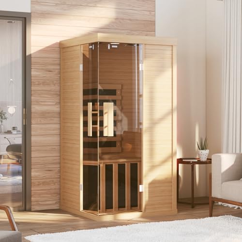 SunSwell 1-2 Person Wooden Infrared Saunas, Traditional Indoor Home Sauna with Control Panel,10 Chromotherapy, Bluetooth Speakers, Low EMF for House & Gym, 33.4 * 33.4 * 70 inch