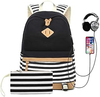 Sqodok Charging Backpack, Striped Bookbag for Girls College School Bag with USB Charging