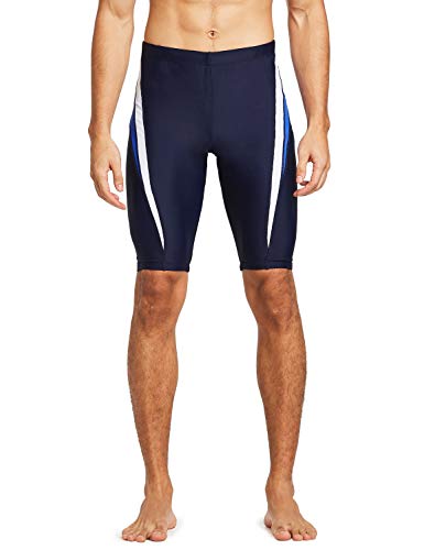 BALEAF Men\'s Athletic Swim Jammers Quick Dry Splice Compression Swim Shorts Square Leg Navy/Blue/White M