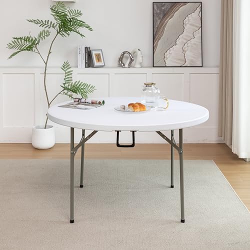 Image of BTEXPERT White 4 Ft 48inch Round Plastic Folding Table Commercial Portable Indoor Outdoor Accessory for Patio Backyard Dining Wedding Party Events Home Kitchen