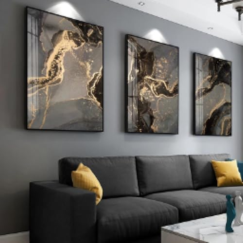 Tableau abstrait pour sublimer un mur vide art mural noir et or 3 panneaux avec cadre