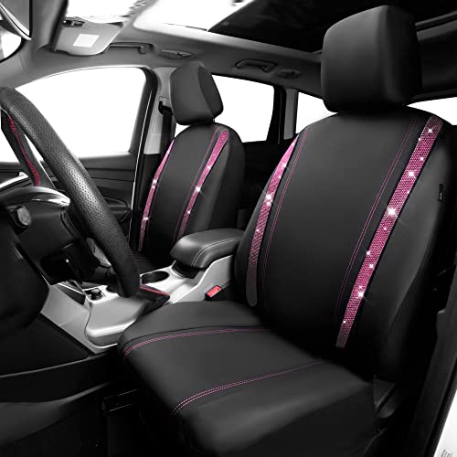 Image of CAR PASS Leather Bling Diamond Car Seat Covers 2 Front Interior Sets, Waterproof Universal Shining Glitter Crystal Sparkle Fit for Automotive Truck SUV Cute Women Girl, Black Pink Rhinestones