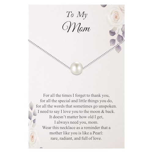 To My Mom Pearl Necklace, Mom's Appreciation Gift from Daughter Son, 0.3" Classic Single Pearl Pendant Necklace for Mother'Day, Birthday, Christmas, Pearls Jewelry Thank You Gift for Mom