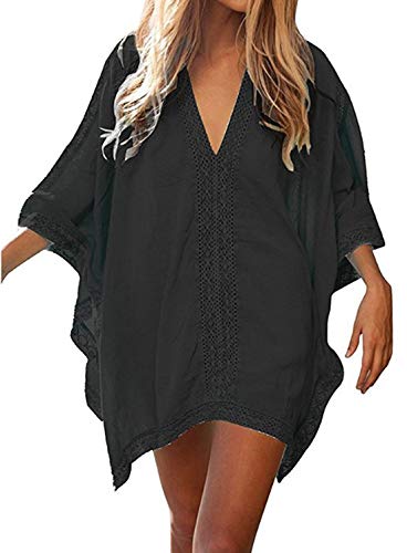 DNFC Strandkleid Damen Strandtunika Kurz Sommer Strand Kleider V-Ausschnitt Strandrock Lockeres Beach Kleid Schöne Spitze Strandkleider Bikini Cover Up für Urlaub (Schwarz, One Size)