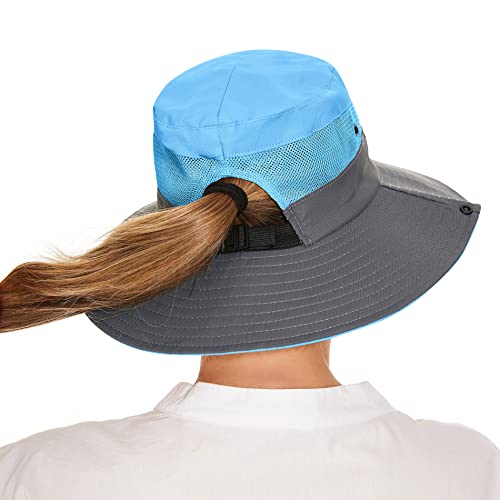 Womens Sun Hat Waterproof Fishing Hat Uv Protection Ponytail Hat Wide Brim Bucket Hat Foldable Mesh Beach Hat Summer Hiking Hat Blue #TOP2