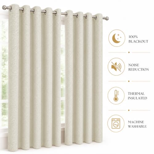 Image of LINENWALAS 100% Blackout Curtains for Door (7.5 Feet) - Set of 2 Panels, Herringbone Linen Texture Complete Light Block, Thermal Insulated & Noise Reducing Room Darkening Drapes (Pearl White)
