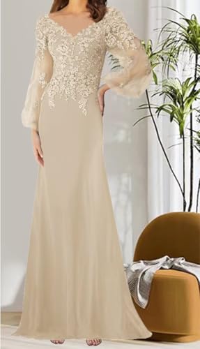 Mother of The Bride Dresses Long Sleeves Formal Evening Gowns Laces Appliques Wedding Party V-Neck Prom Dress4