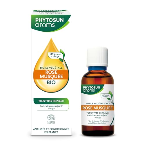 PHYTOSUN AROMS -Huile Végétale de Rose Musquée Bio - 100% Bio - Analysée & Conditionnée en France - Anti-rides redensifiant pour la peau du visage - 50 ml