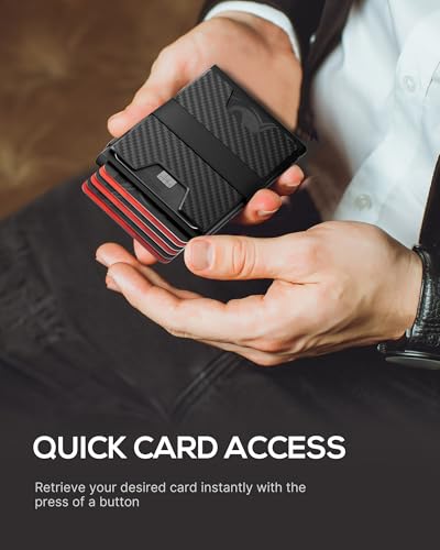 Mens Wallet Card Holder - Metal Pop Up Card Case, Real Carbon Fiber, Smart, Minimalist, RFID Blocking, Slim, Thin, Front Pocket - Holds up to 12 Cards and 10 Bills4