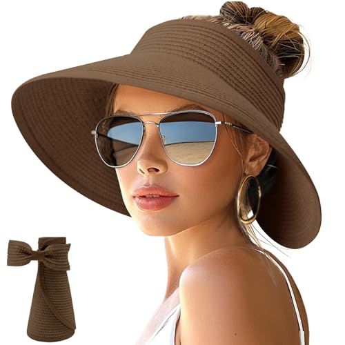 Image of NPJY Sun Hats for Women Wide Brim Roll-Up Beach Ponytail Hat Packable Foldable Travel Straw Visor