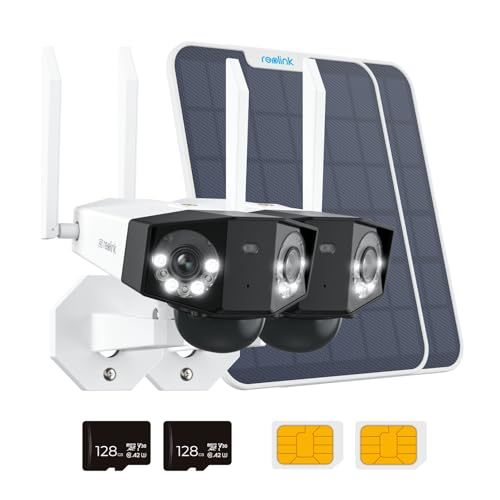REOLINK 4K Dual Lens 4G LTE Cellular Security Camera Wireless Outdoor+128GB SD Card-2Pack, 180° Wide Angle, Sim Card Included, Continuous Solar Power