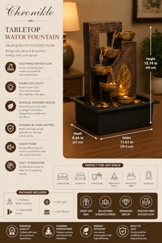 Image of CHRONIKLE Indoor Tabletop Water Fountain with Warm LED Light & Controller Pump | Golden Leaf Designer 4 Diya Step Cascade Polyresin Waterfall Fountain for Home, Meditation Decor | Brown | 40x29.5x22CM