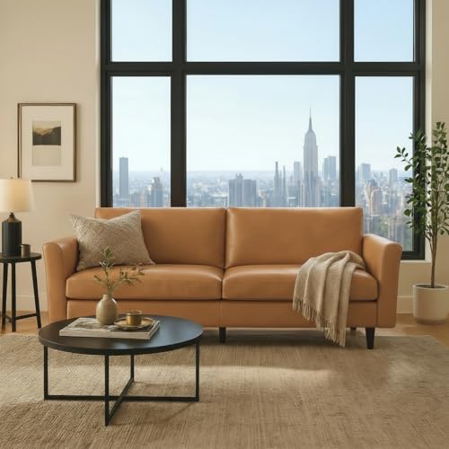 Image of Kingfun 80 inch Faux Leather Sofa Couch, Mid Century Modern Leather Couch with Rolled Arms and Deep Seats, Brown Leather Sofa for Living Room, 3-Seater Couch for Apartment, Office and Bedroom, Mid Brown