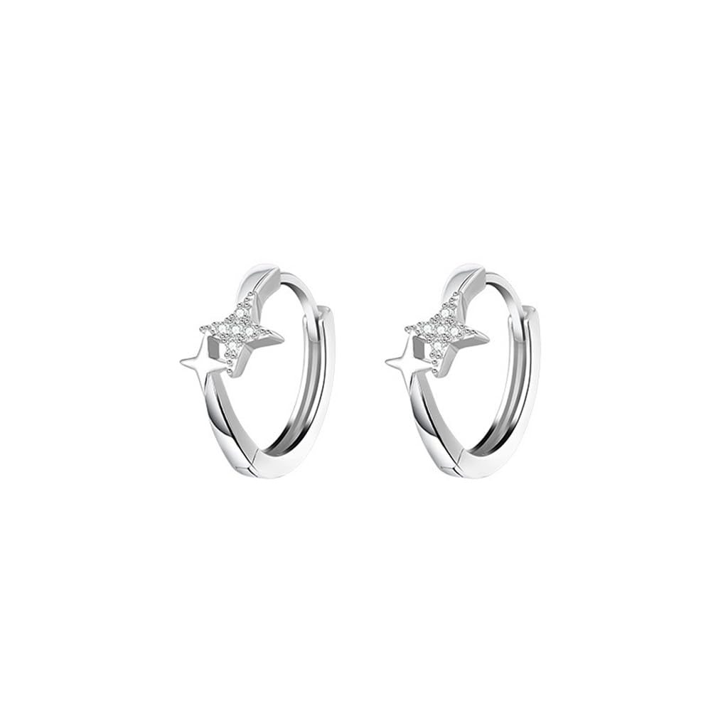Oivzziy Pendientes de aro pequeños de plata de ley 925 para mujer, aros con bisagras huggie de forma de estrella creados con cristales austriacos con circonita cúbica