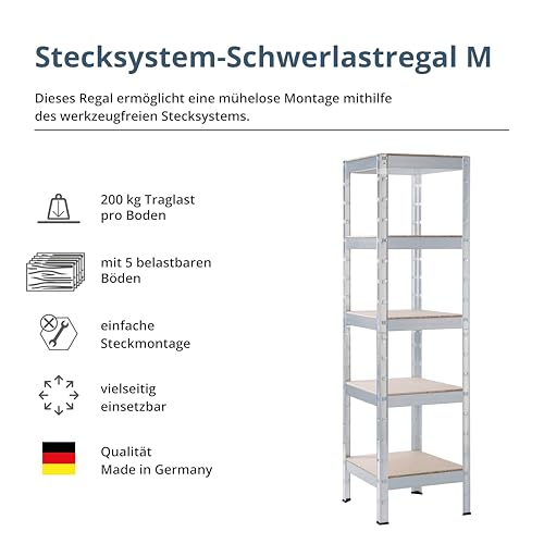 SCHULTE Regalwelt Schwerlastregal mit 5 Holzböden, 180x45x45 cm (HxBxT), Traglast pro Ebene ca. 200 Kg, verzinkt, Lagerregal, Kellerregal, Werkstattregal, Steckregal